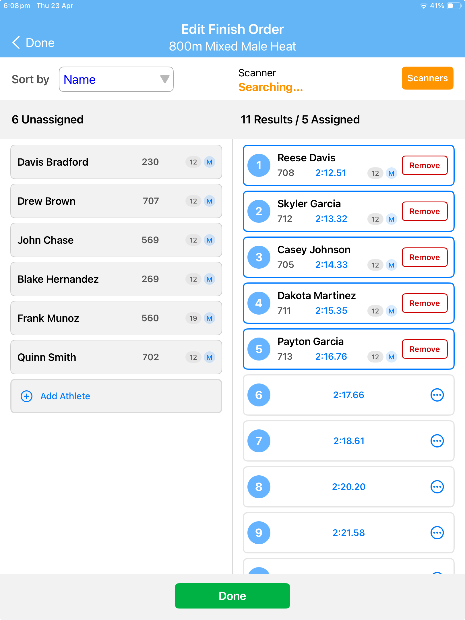 SplitFast Timing App Edit Finish Order screen for 800m Mixed Male Heat showing 6 unassigned athletes on left and 11 results with 5 athletes already assigned with times on right